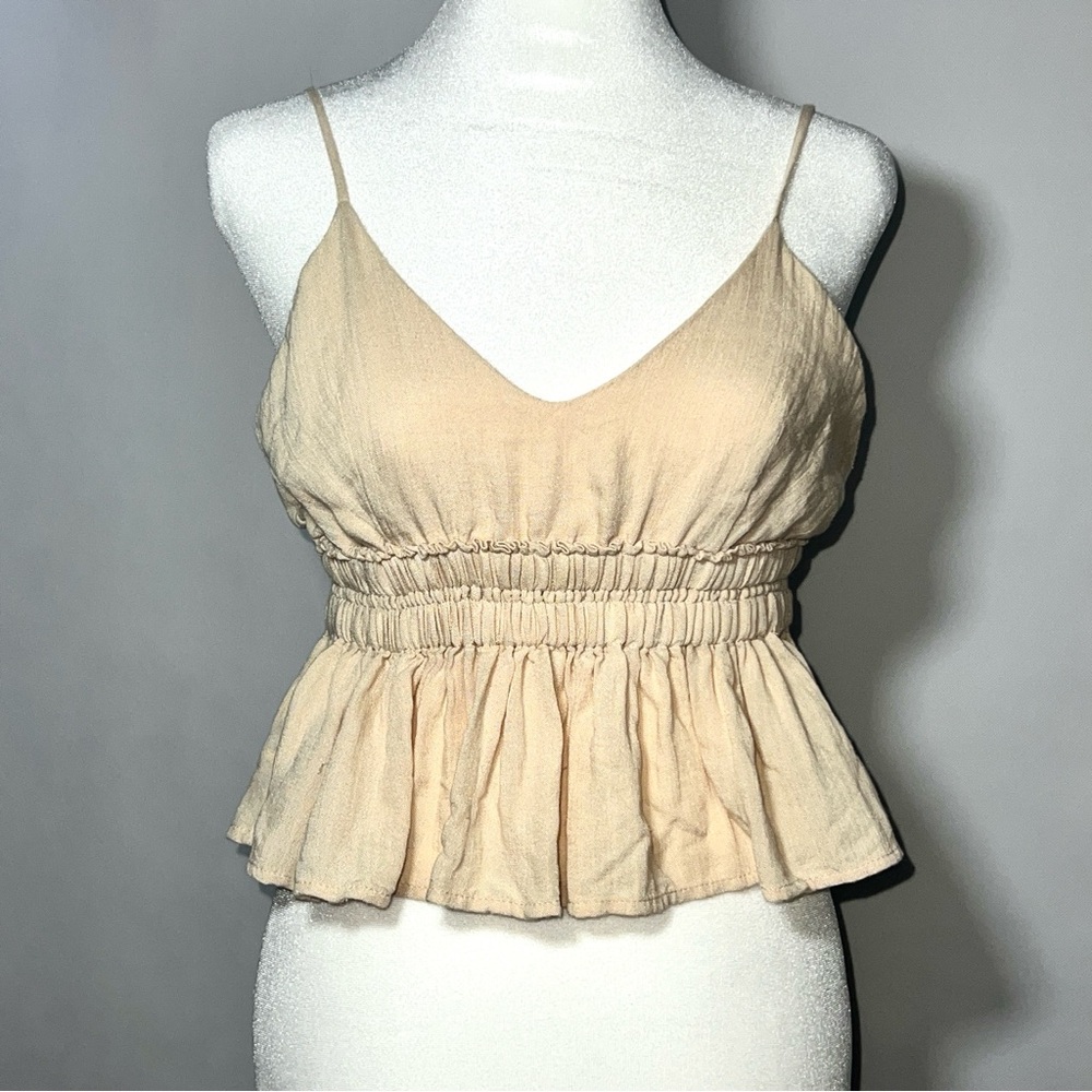 Vestique Smocked‎ V-Neck Peplum Cami Soft Tan Beige Tank Top S